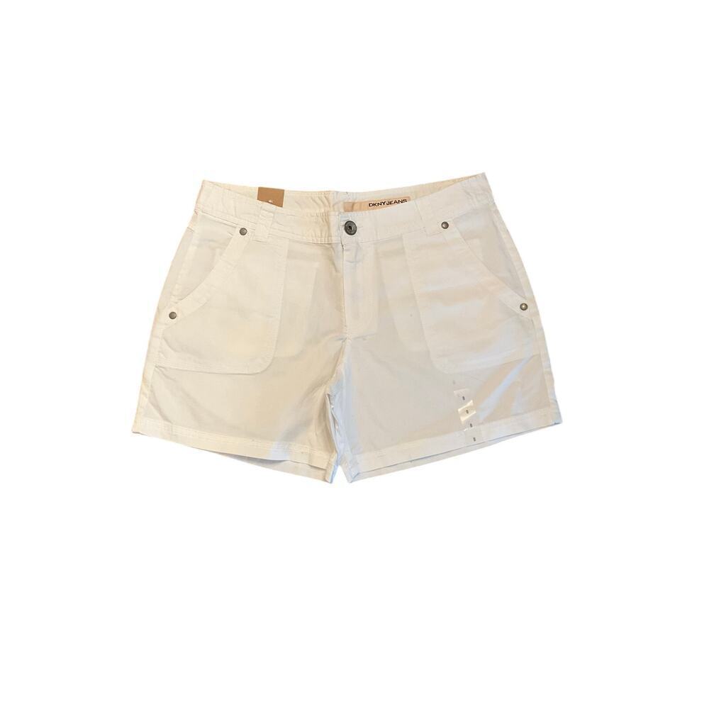 DKNY Mid Rise Linen Chino Shorts Pouch Pockets Stretch White Womens Size 8 NEW